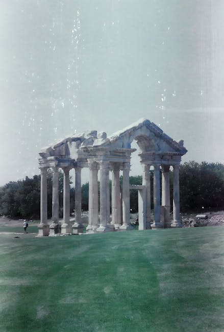 Stunning polaroid of ancient Greek temple ruins with columns under a blue sky.